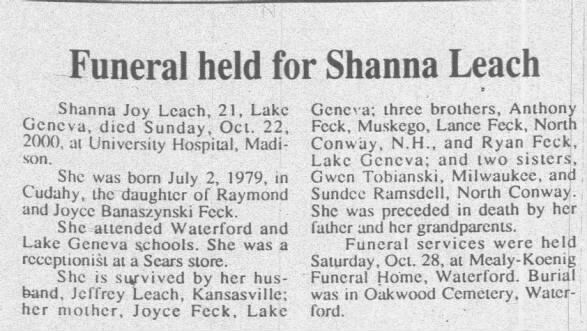 Obituary for Shanna Joy Leach, 1979-2000 (Aged 21)